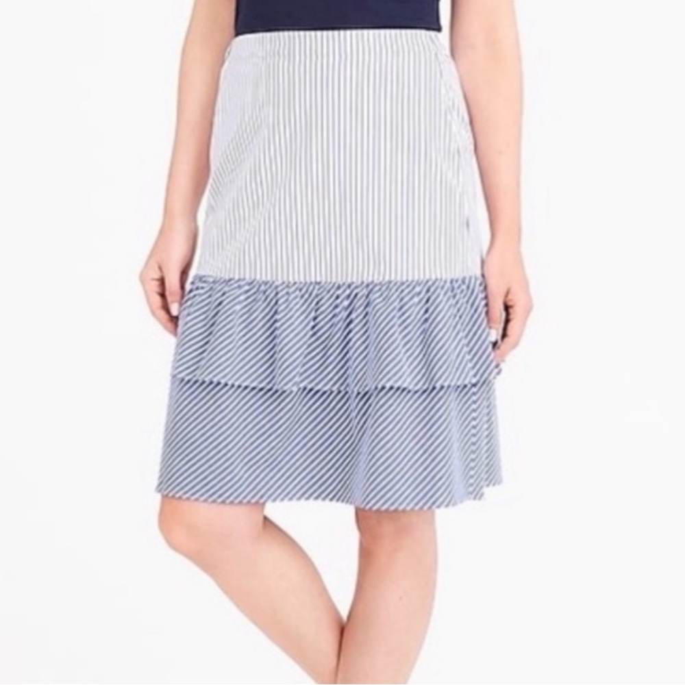 NWT J. Crew Factory Blue & White Cocktail Stripe Tiered Ruffle Hem Midi Skirt